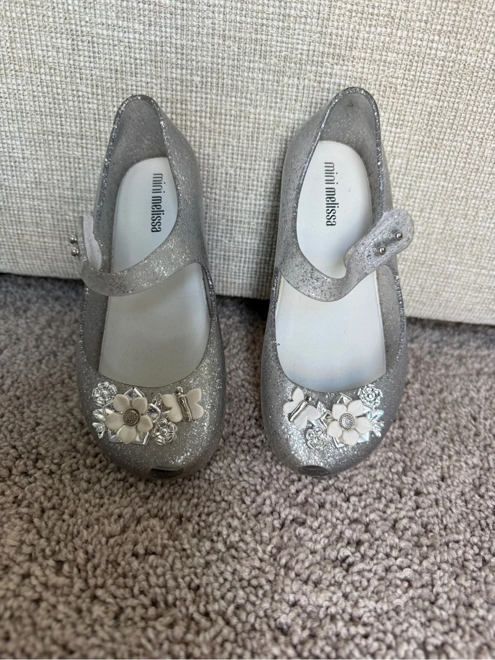 Mini Melissa Silver Glitter Mary Jane Shoes with Flower Accents